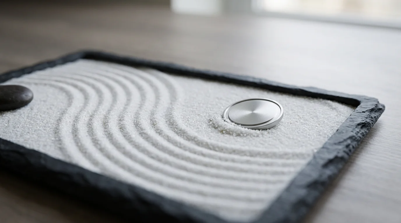 Close-up macro photo of a zen garden with a coin symbolizing work-life balance.