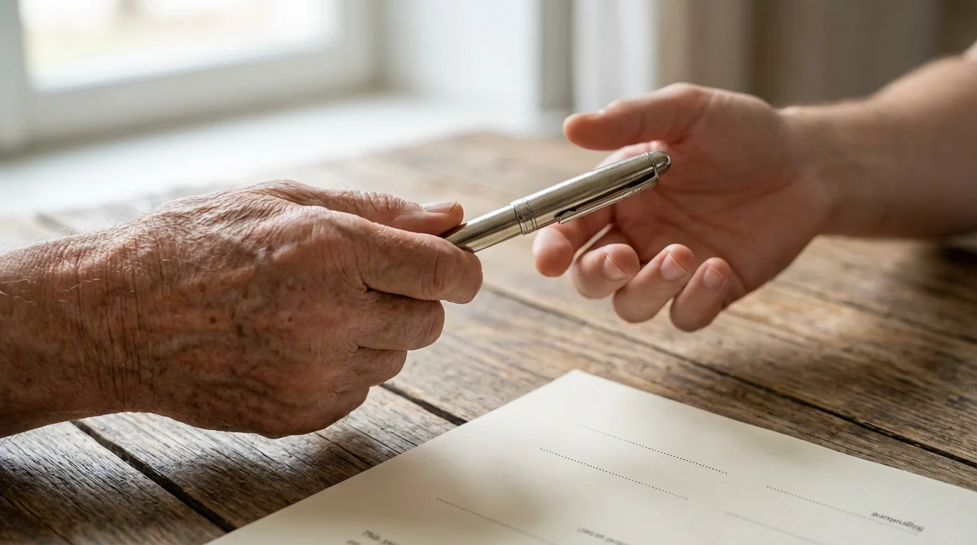 Close-up macro photo of an older hand passing a pen to a younger hand.