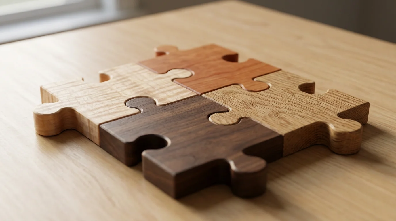 Close-up macro photo of four different wooden puzzle pieces interlocking on a table.