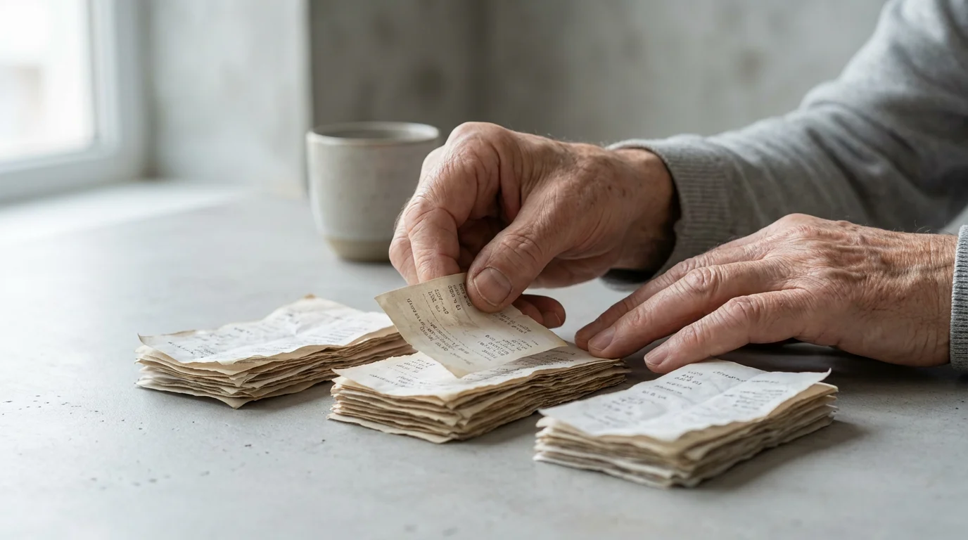 Close-up macro photo of hands sorting paper receipts into piles for budget categorization.
