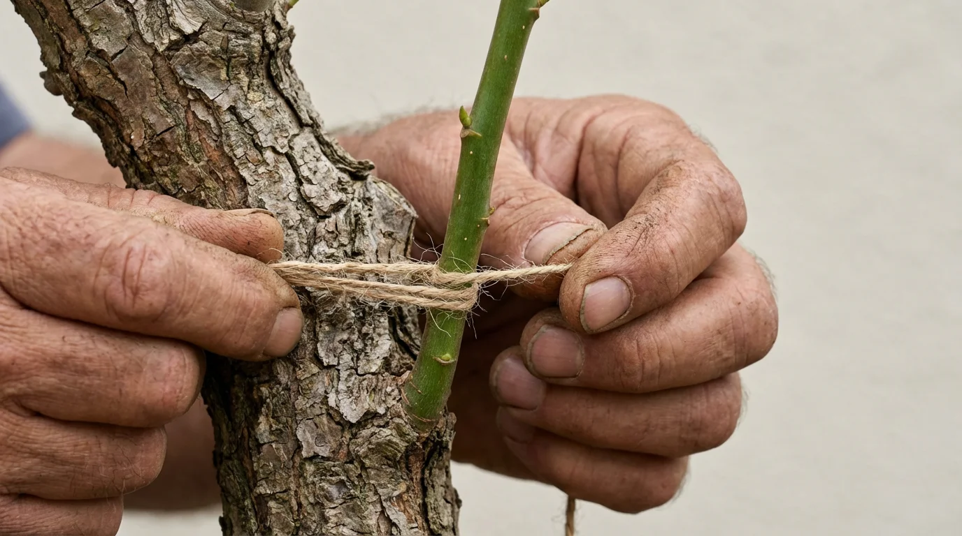 Close-up macro photo of mature hands grafting a new shoot onto a bonsai tree.