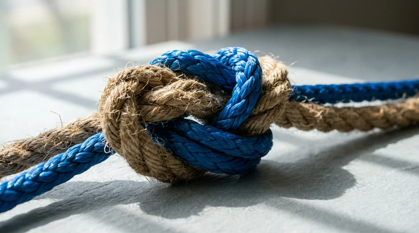 Close-up macro photo of two different ropes tangled in a tight, complicated knot.