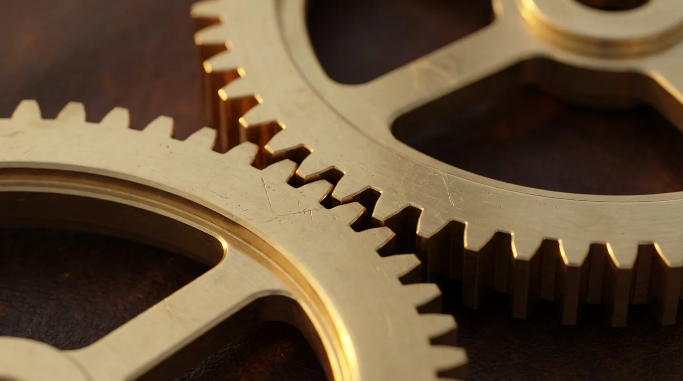 Close-up macro photo of two polished brass gears interlocking in warm golden light.