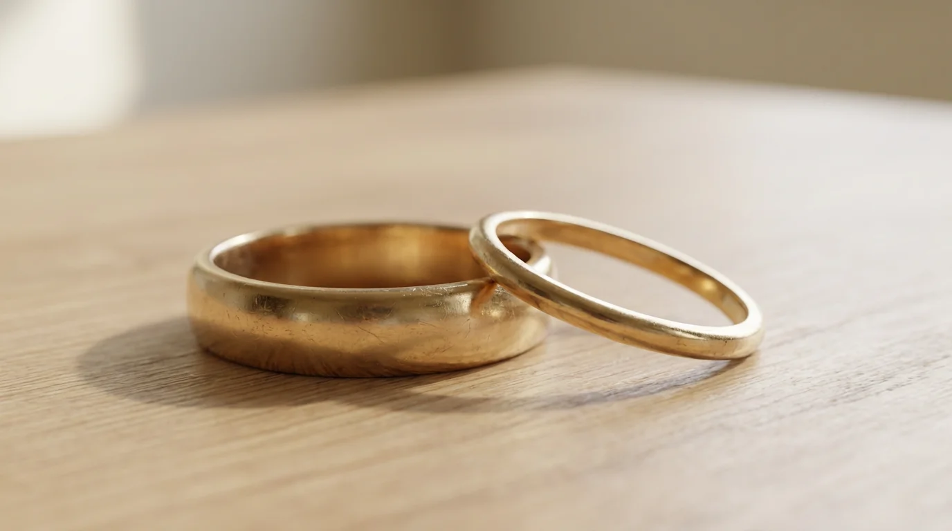 Close-up macro photo of two wedding bands resting together on a wooden surface.