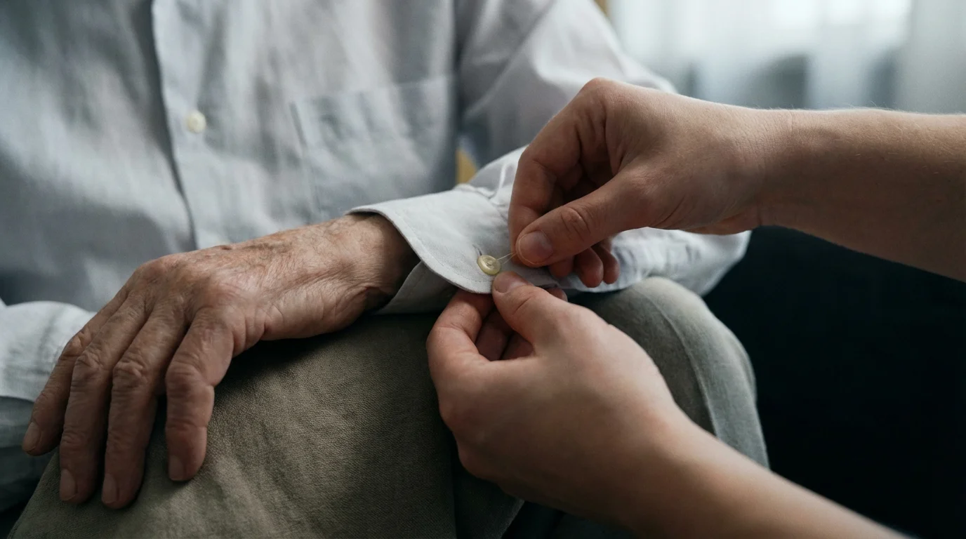 Close-up of a caregiver's hands helping an elderly person button their shirt cuff.