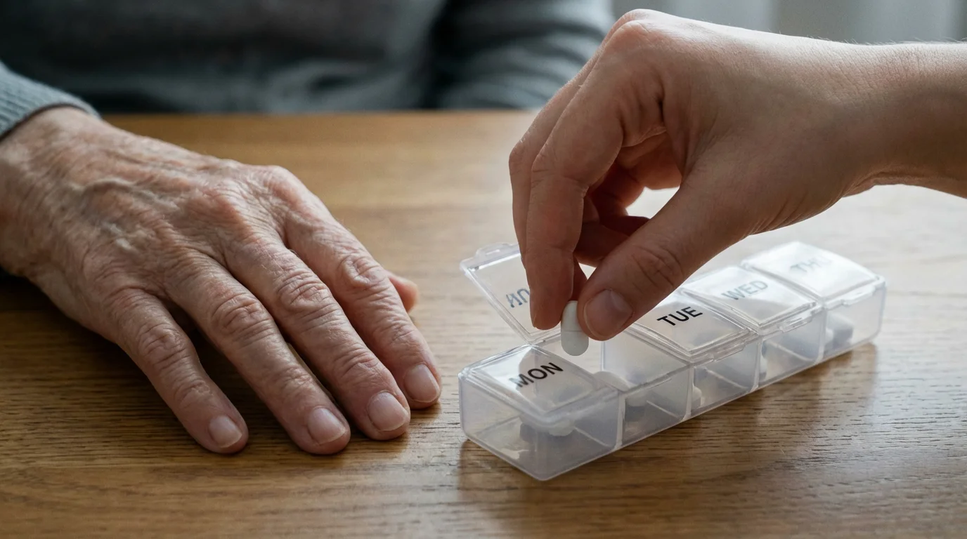 Close-up of a caregiver's hands organizing medication in a pill dispenser for an elder.