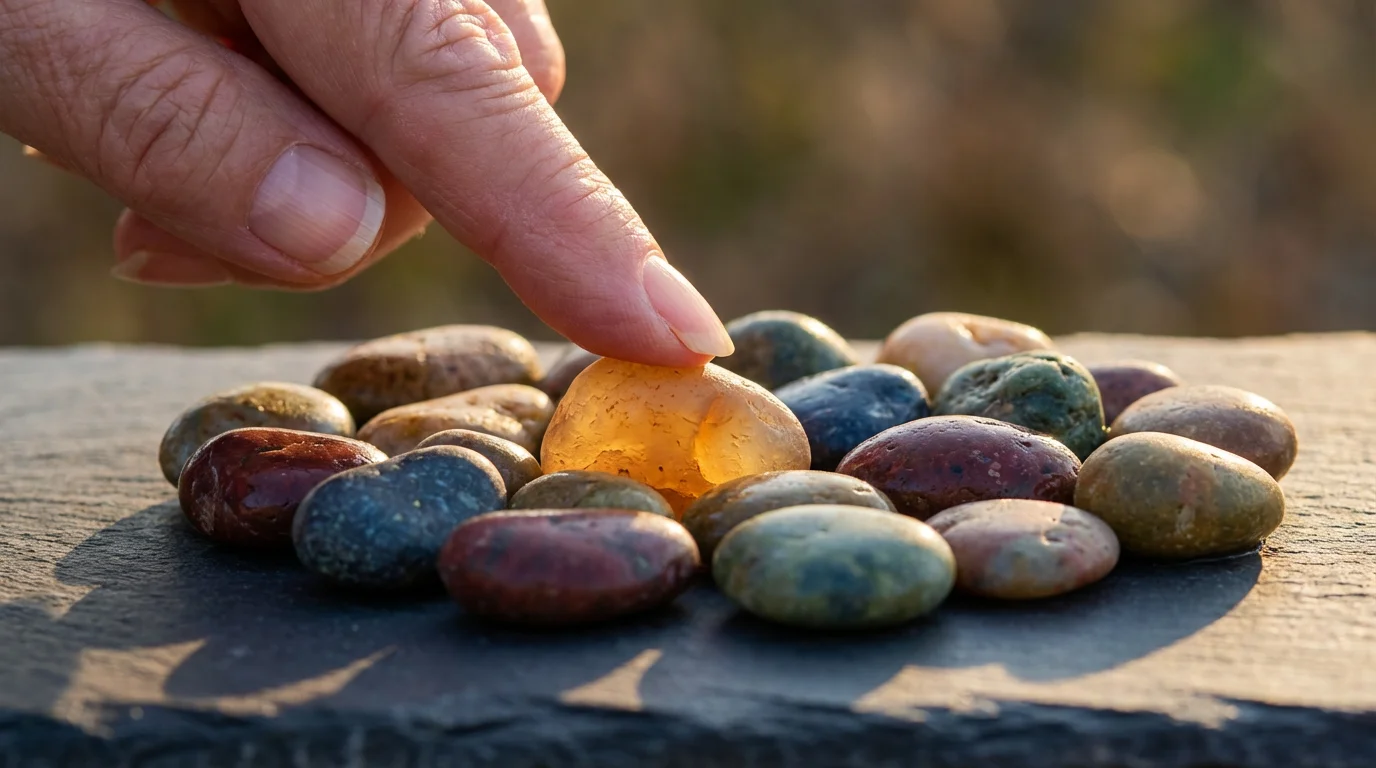 Close-up of a finger selecting a smooth, polished stone from a varied collection.