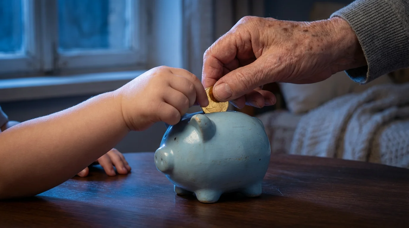 Close-up of a grandparent and child's hands putting a coin into a piggy bank.