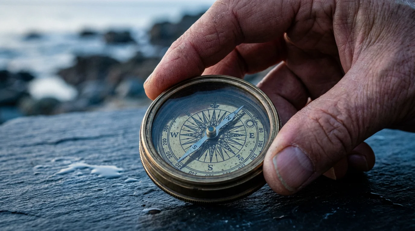 Close-up of a hand carefully adjusting a vintage brass compass on a slate table.