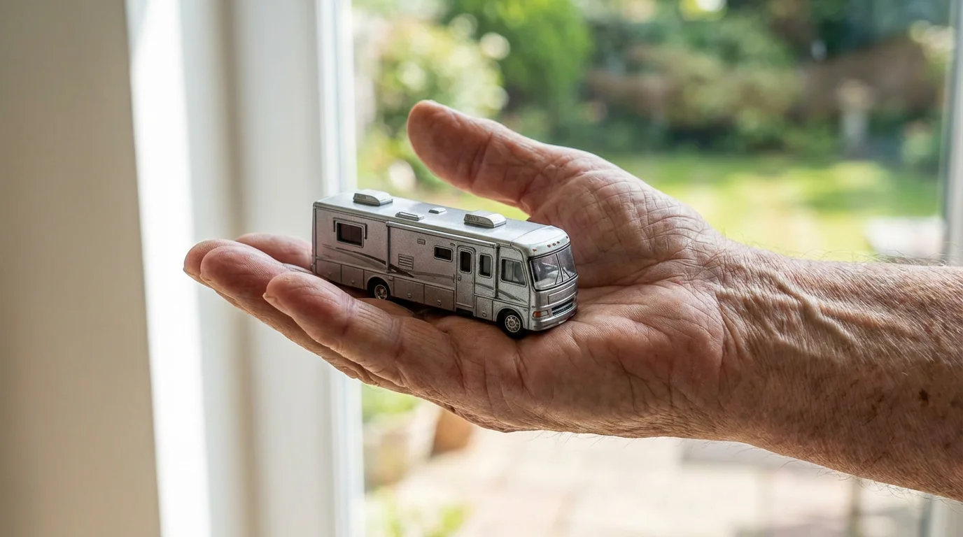 Close-up of a hand holding a small, detailed model of a Class A motorhome.