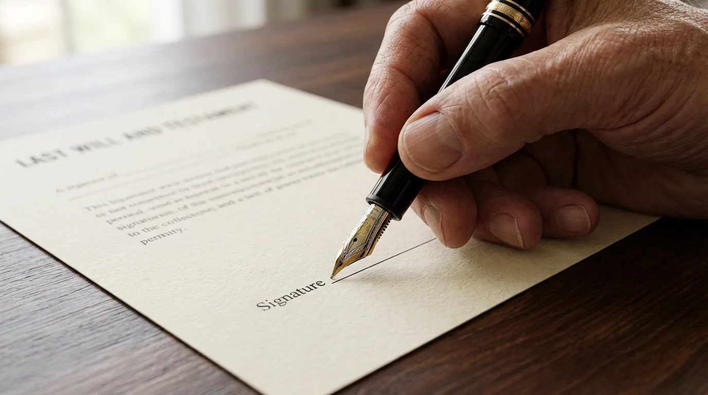 Close-up of a hand with a fountain pen poised to sign a formal document.