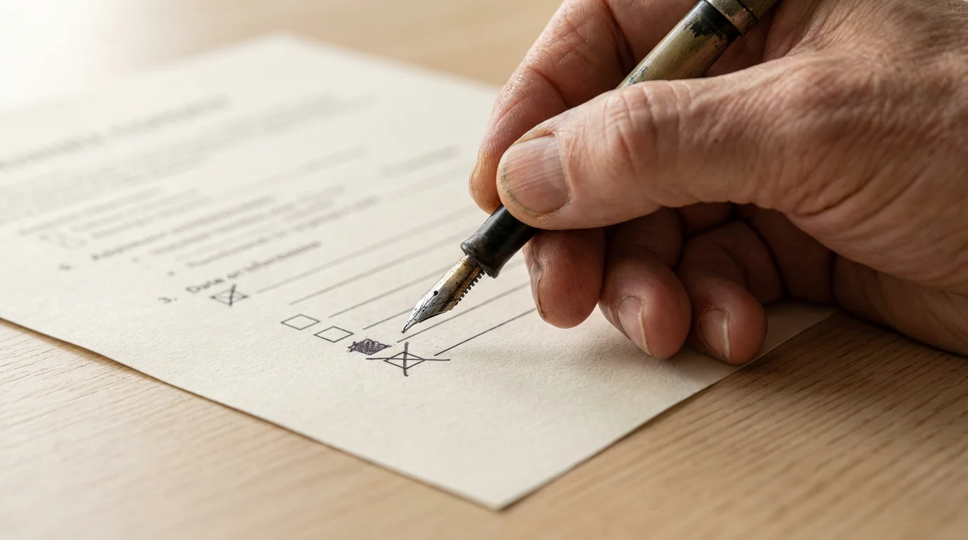 Close-up of a hand with a pen updating a formal document on a wooden desk.