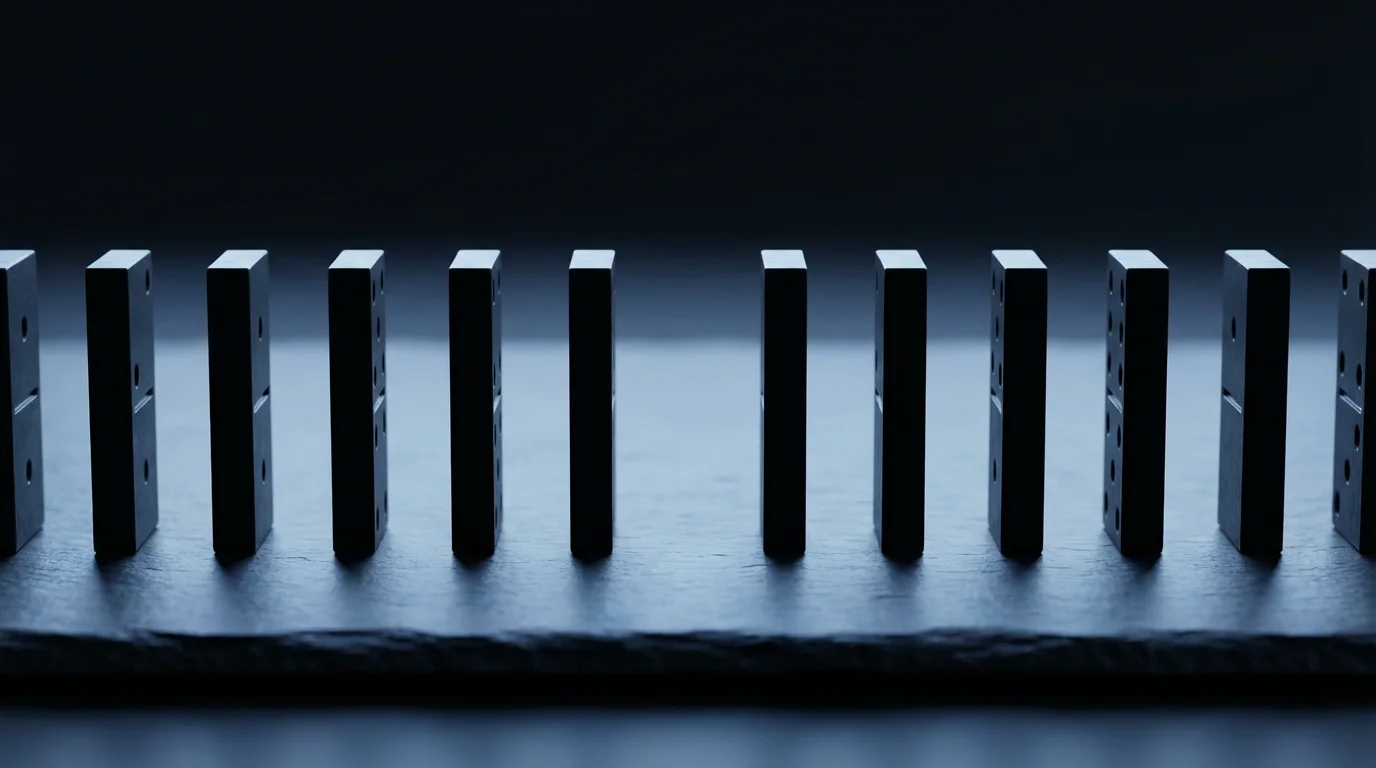 Close-up of a line of black dominoes with one ready to fill a gap.