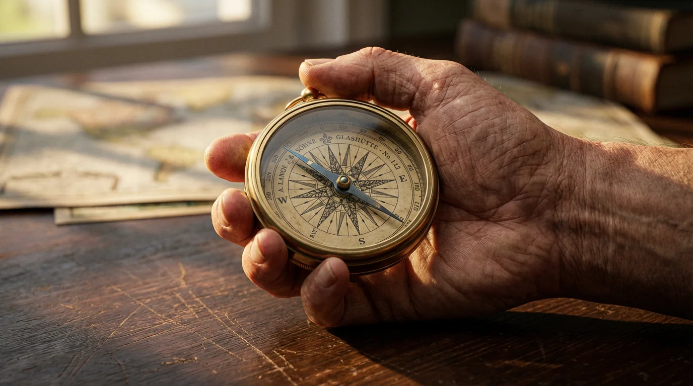Close-up of a mature hand holding a vintage brass compass in afternoon light.