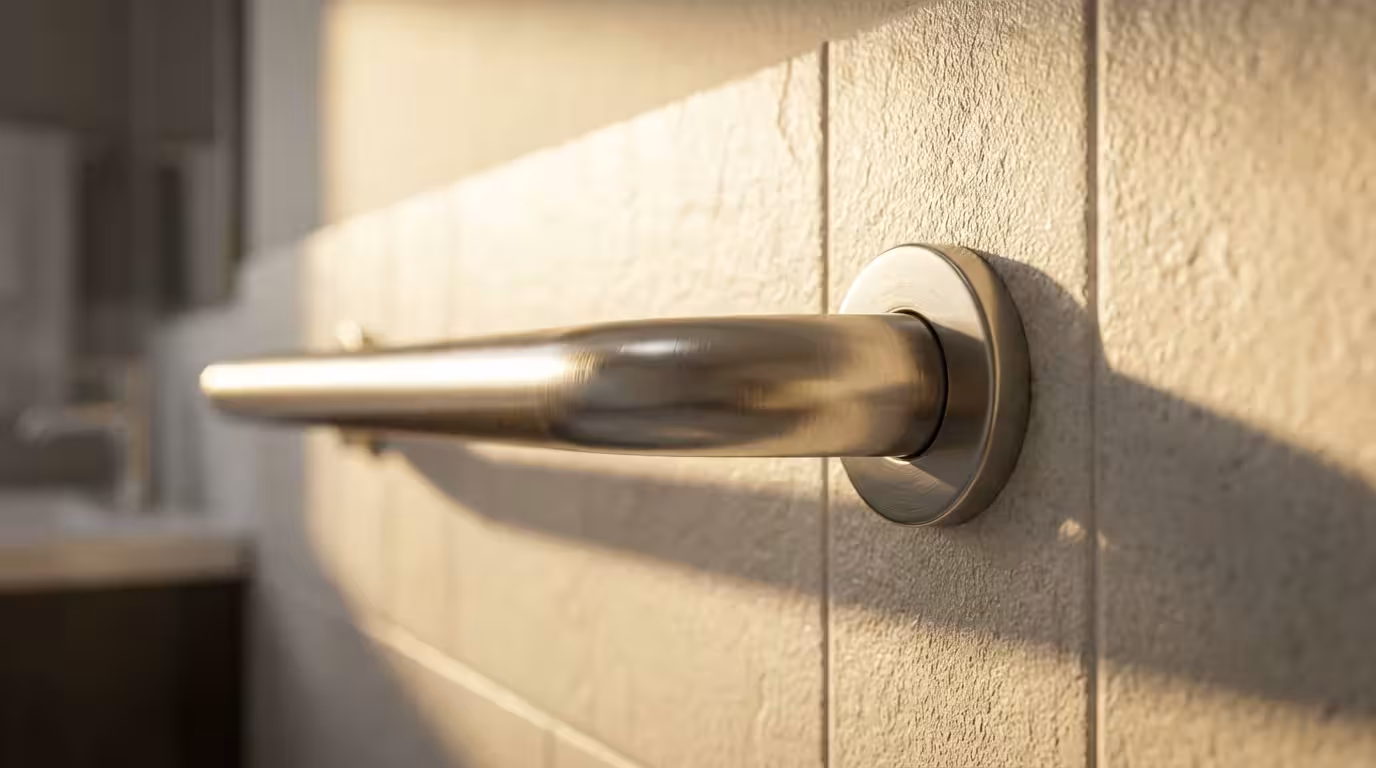 Close-up of a modern, metallic safety grab bar on a textured tile bathroom wall.