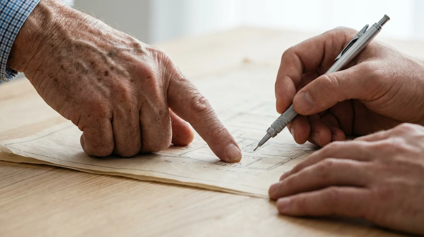 Close-up of a senior's hand and a contractor's hand reviewing a home blueprint.