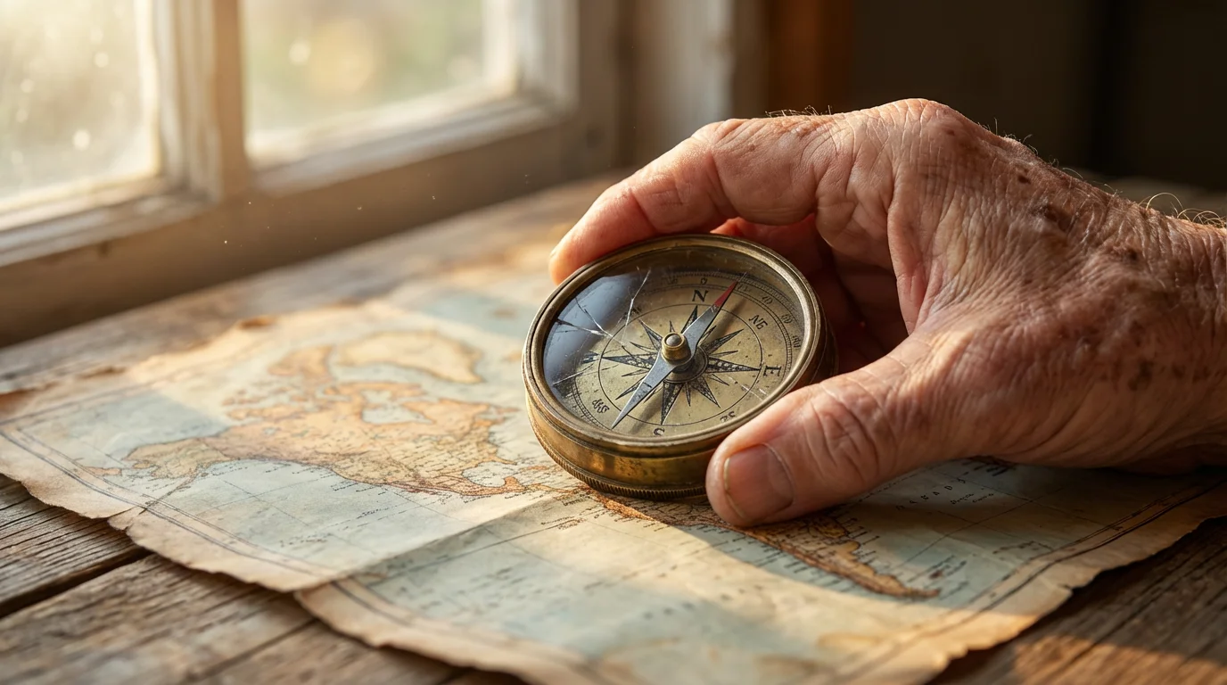 Close-up of a senior's hand holding a vintage brass compass over a world map.