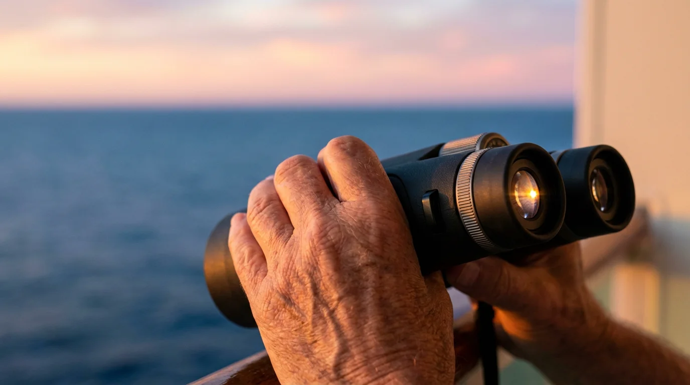 Close-up of a senior's hand holding binoculars, looking out from a cruise ship.