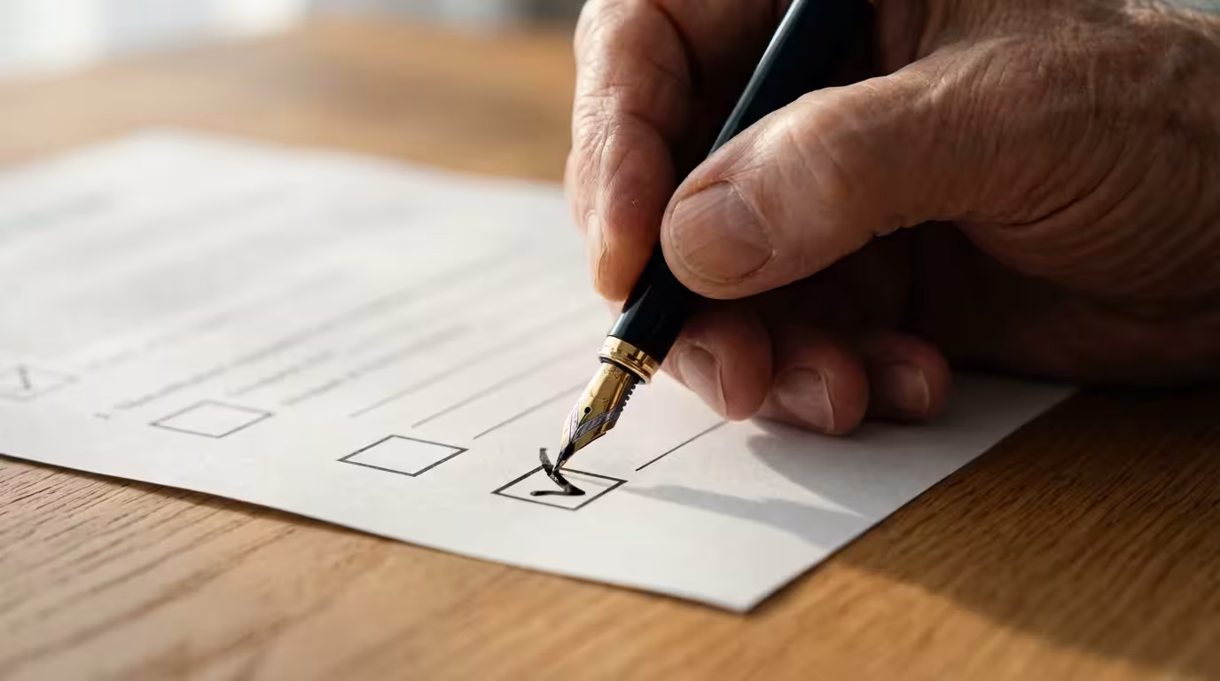 Close-up of a senior's hand putting a checkmark in a box on an application form.