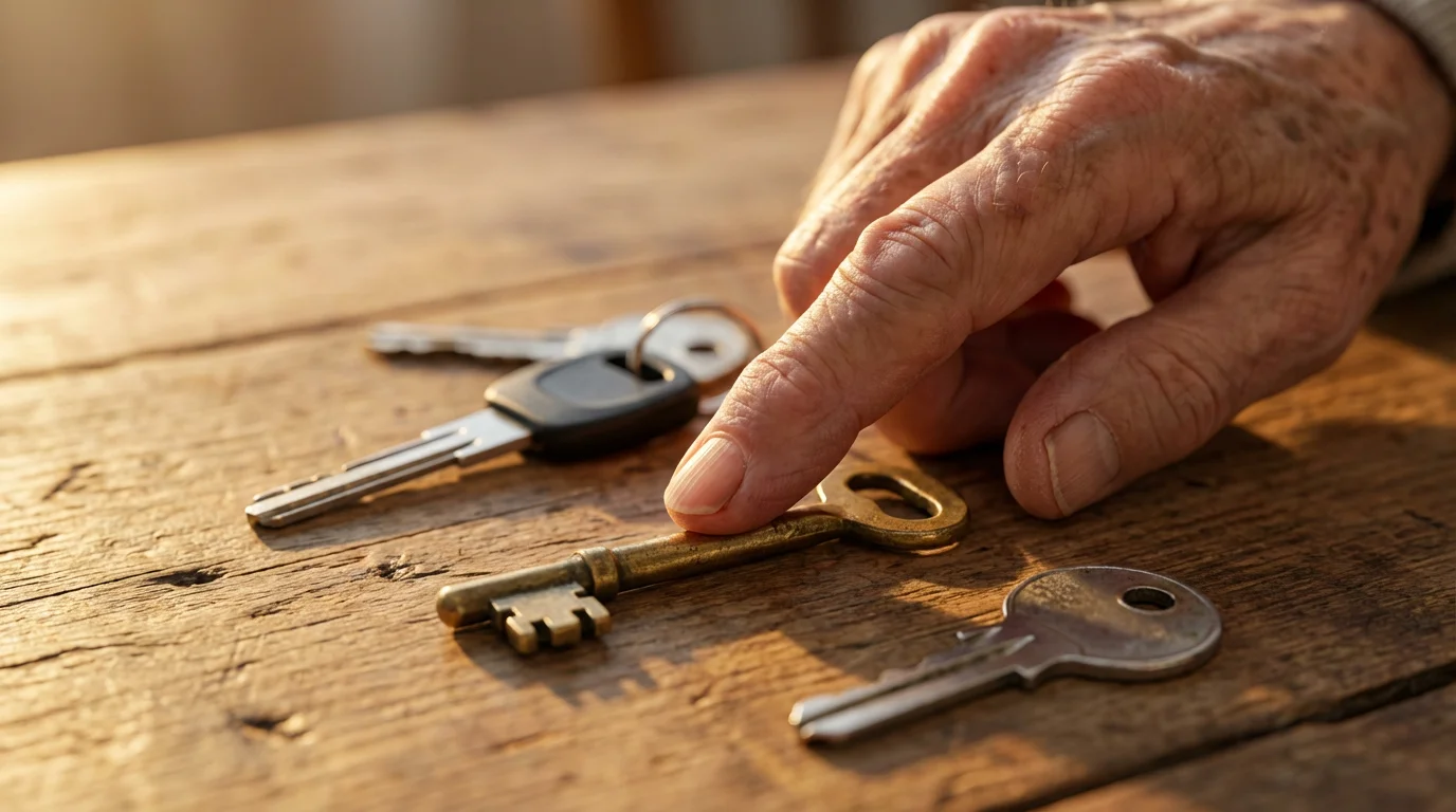 Close-up of a senior's hand selecting one of several different house keys.