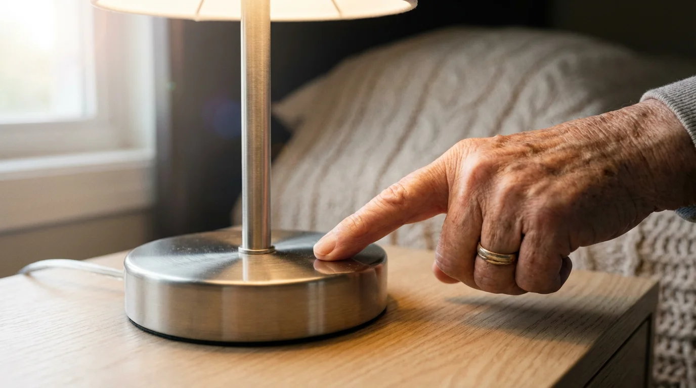 Close-up of a senior's hand tapping a touch-activated lamp on a bedside table.