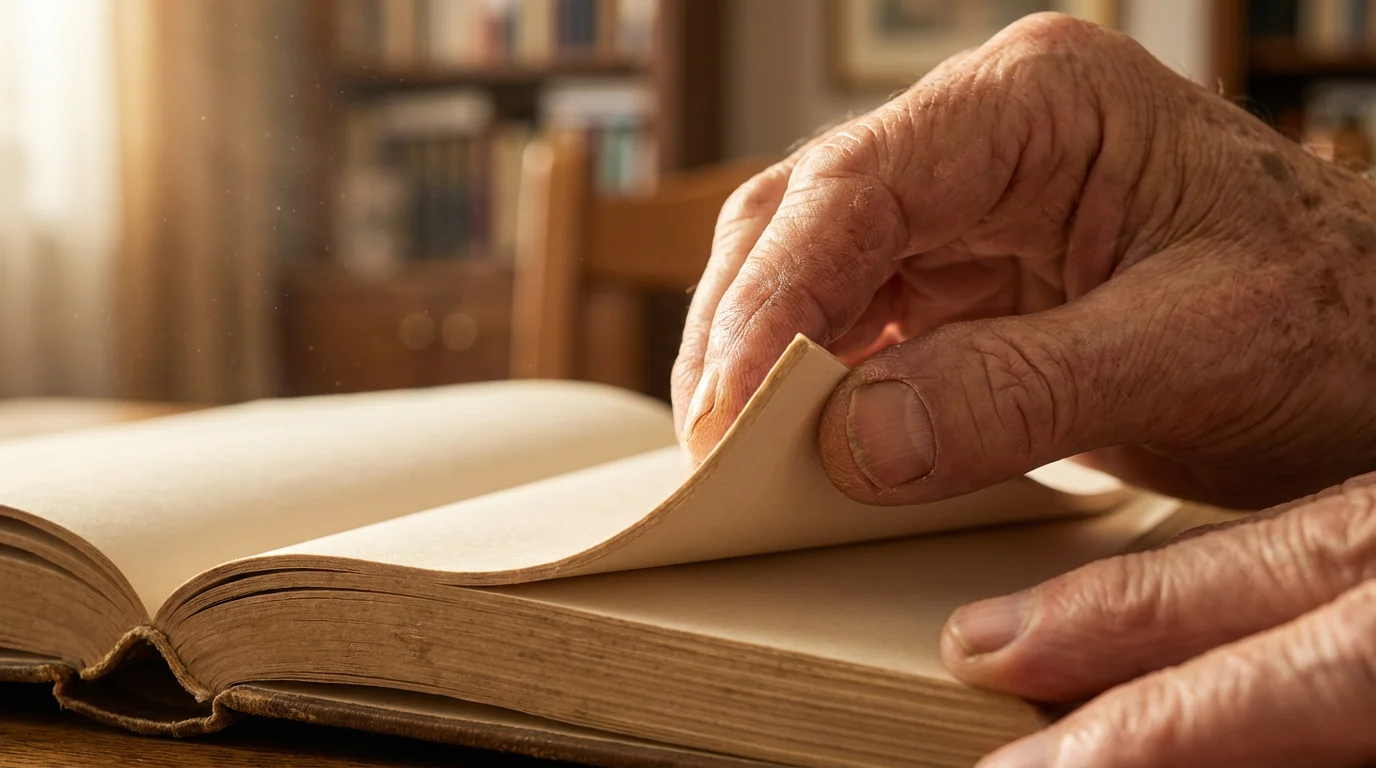 Close-up of a senior's hand turning to a new, blank page in a book.