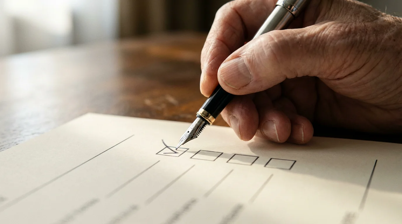 Close-up of a senior's hand with a pen checking a box on a form.