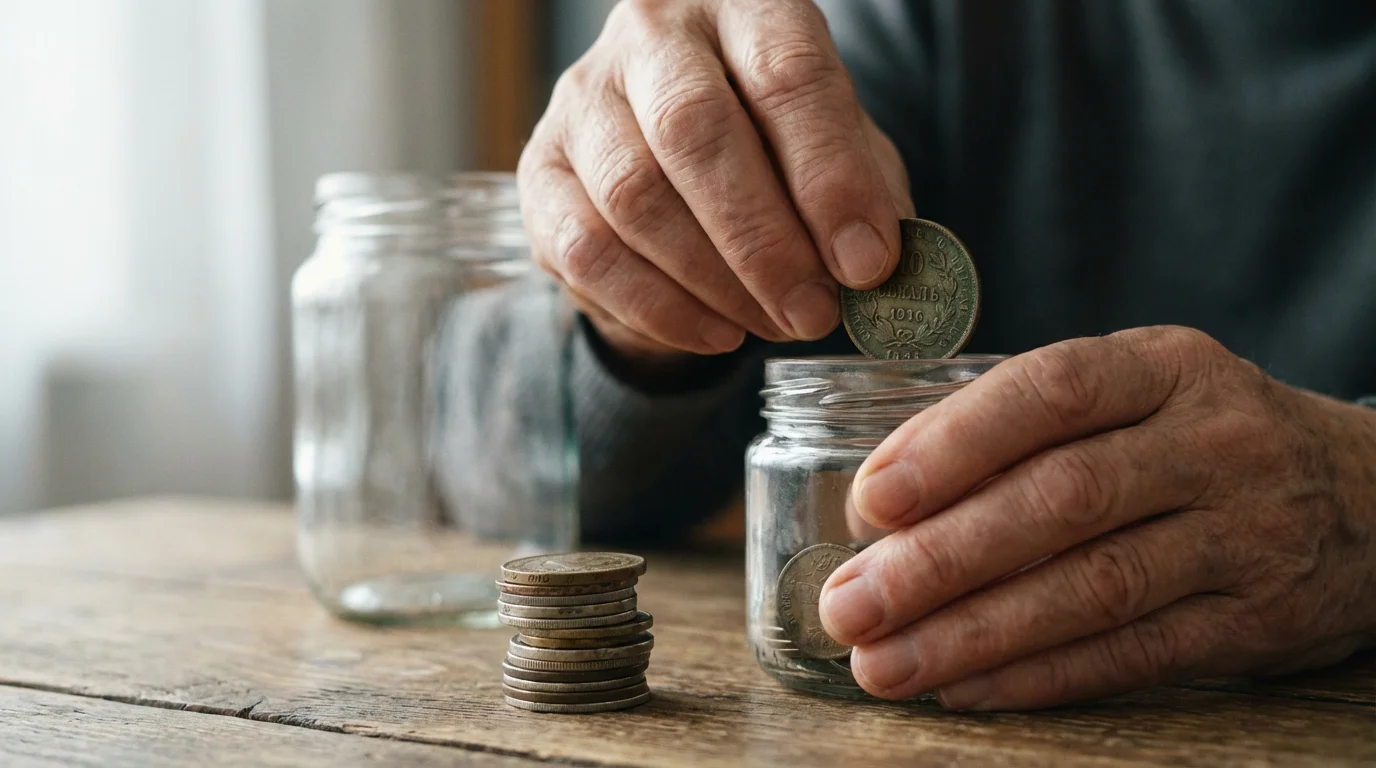 Close-up of a senior's hands carefully placing coins into a savings jar.