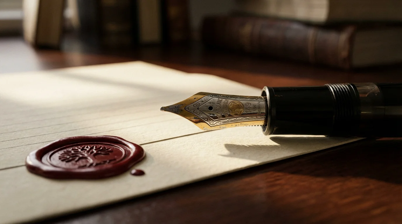 Close-up of a vintage fountain pen and wax seal on paper, symbolizing legacy planning.