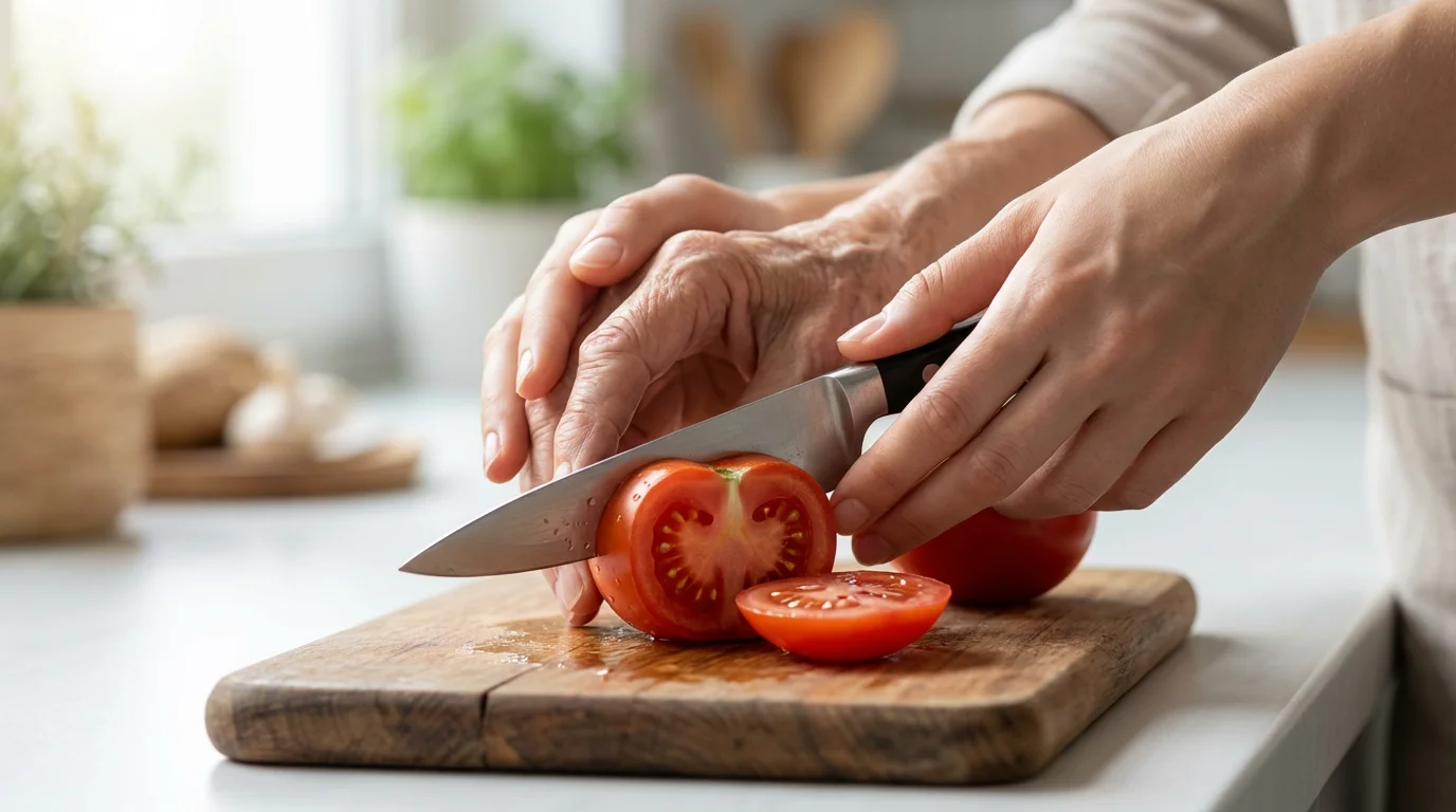 Close-up of a younger person's hands helping an elderly person's hands chop vegetables.