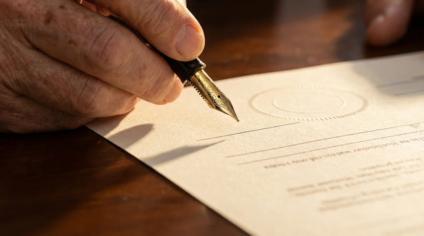Close-up of an elderly hand holding a fountain pen over a legal document.