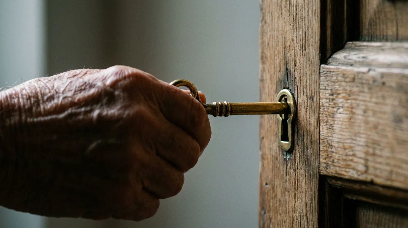 Close-up of an elderly hand inserting an ornate vintage key into a wooden door.