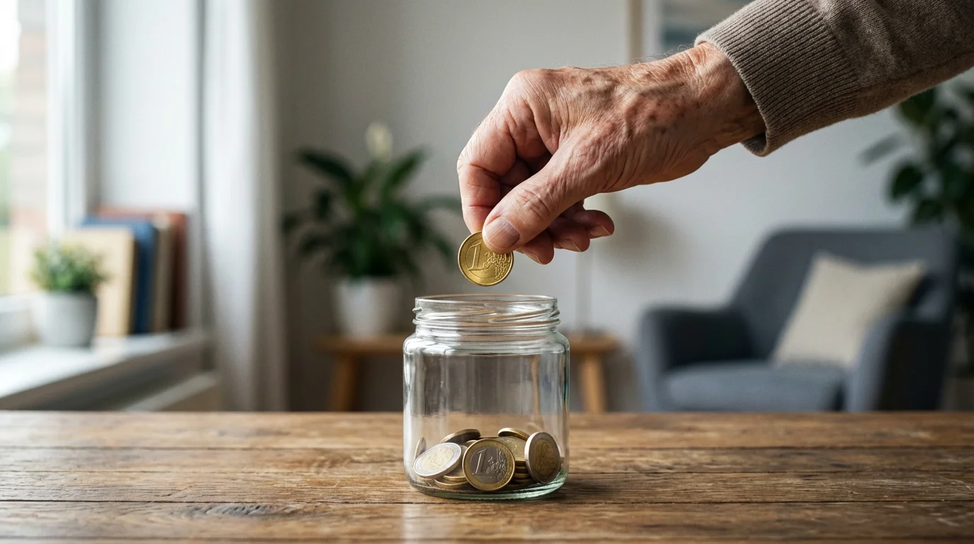 Close-up of an elderly hand saving a coin in a glass jar for the future.