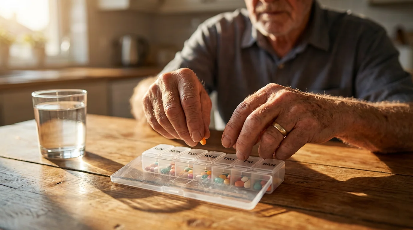 Close-up of an elderly man's hands organizing daily medications into a pill container.