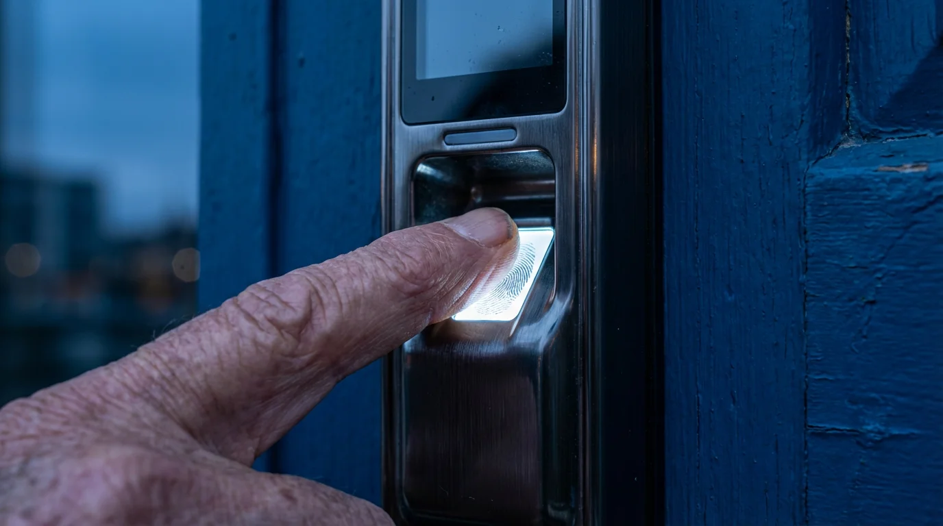 Close-up of an elderly person's finger using a biometric fingerprint smart lock on a door.
