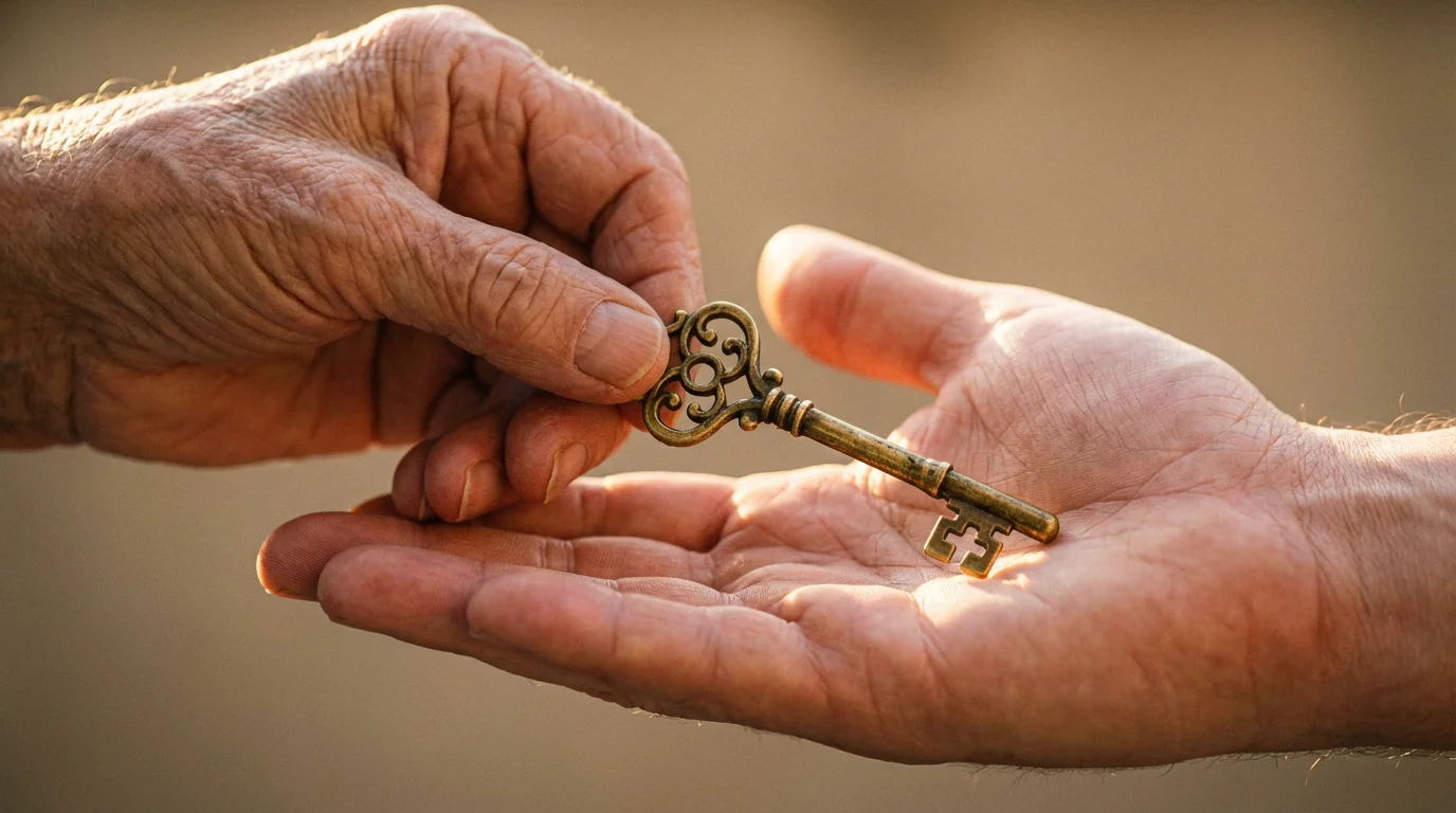 Close-up of an older hand giving an ornate brass key to a younger hand.