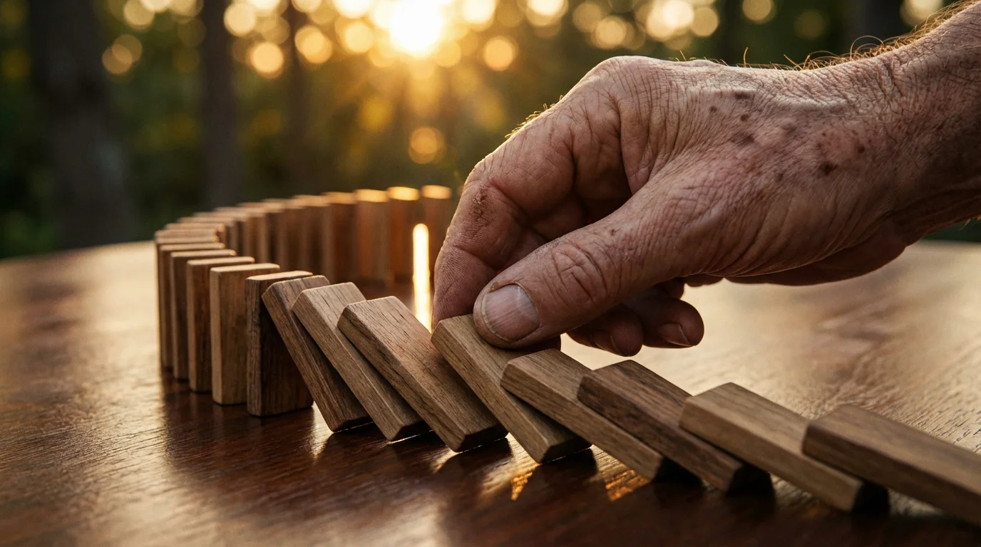 Close-up of an older hand setting up a line of wooden dominoes at sunset.
