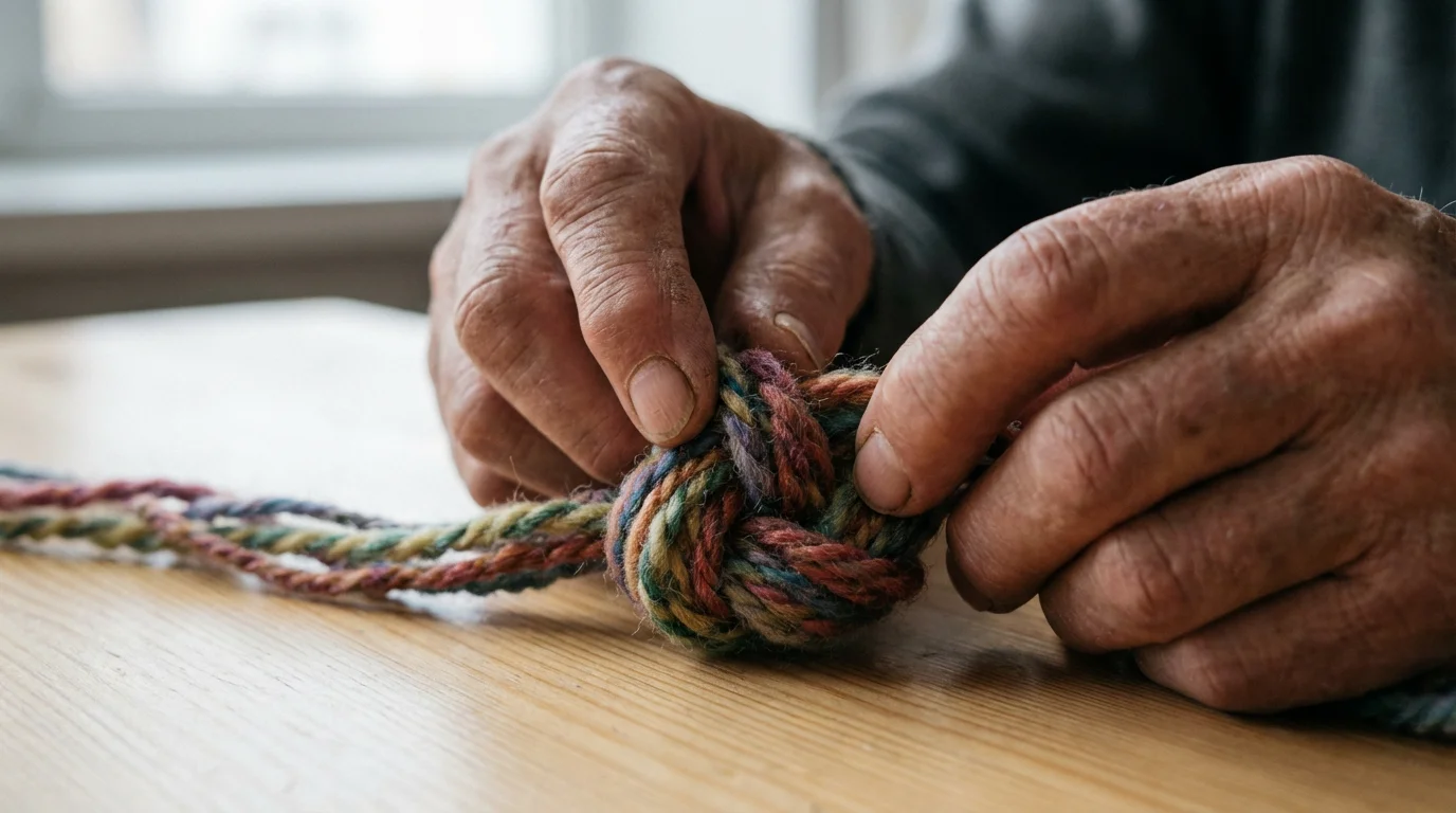 Close-up of elderly hands patiently untangling a complex knot in colorful wool yarn.