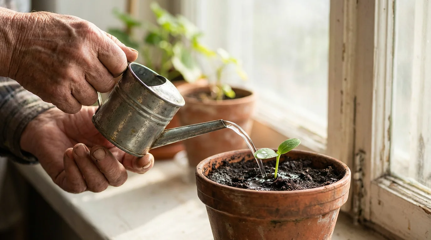 Close-up of gentle hands watering a small green sprout in a sunlit window.