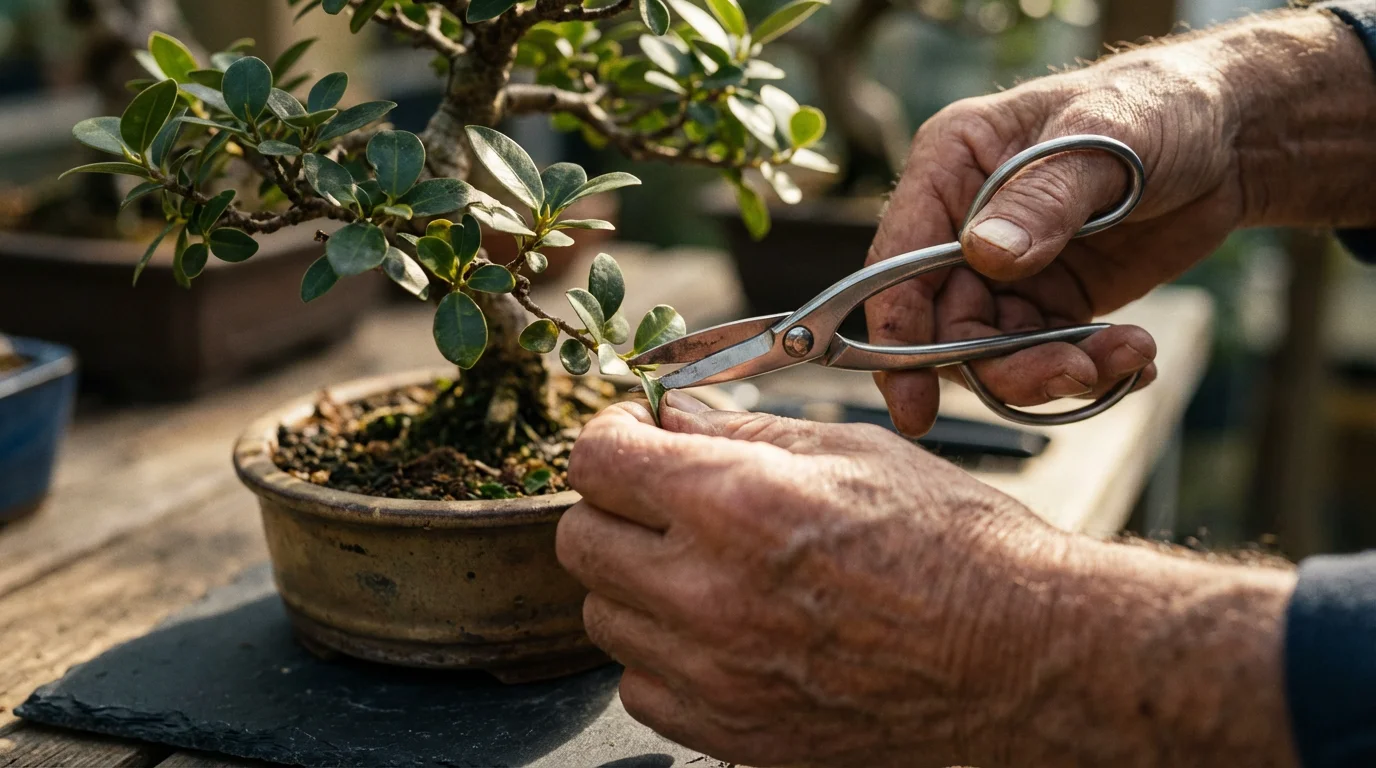 Close-up of hands carefully pruning a small bonsai tree with shears in soft light.