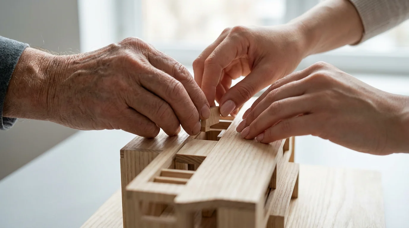 Close-up of older and younger hands working together on an intricate wooden architectural model.
