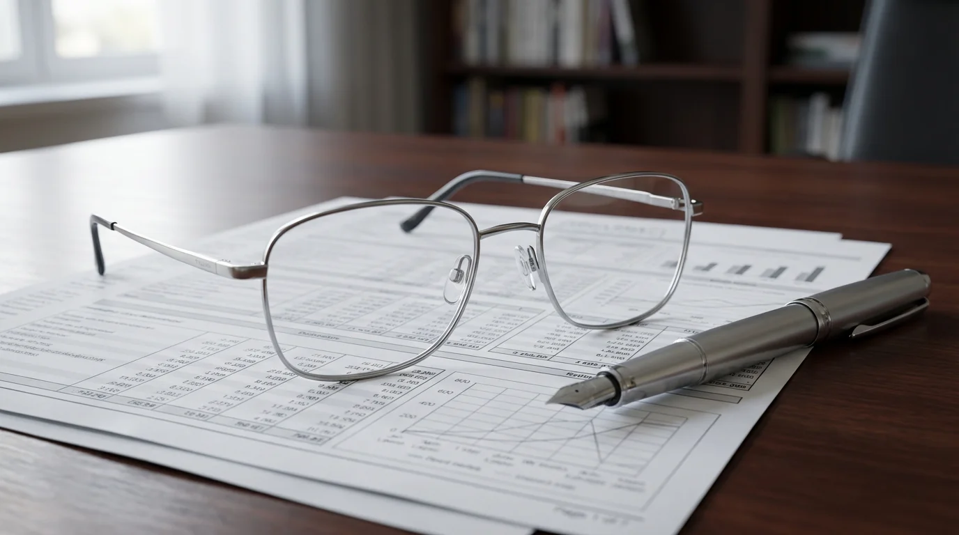 Close-up of reading glasses and a pen resting on a document for retirement planning.