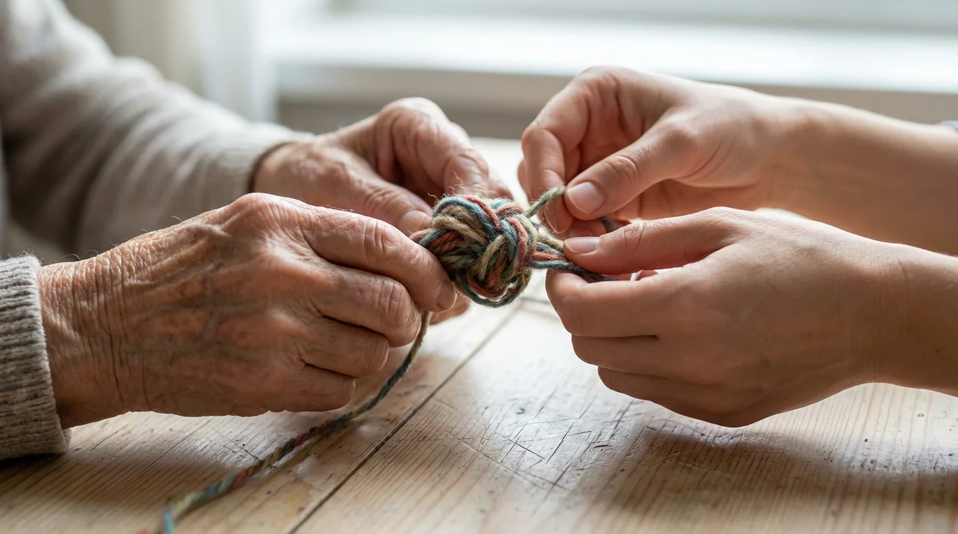 Close-up of senior and younger hands carefully working together to untangle a knot.