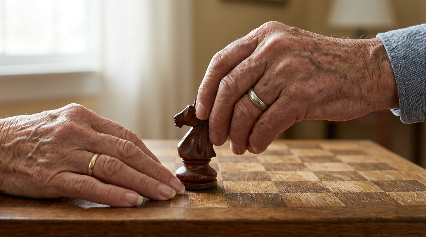 Close-up of two seniors' hands playing a game of chess near a window.