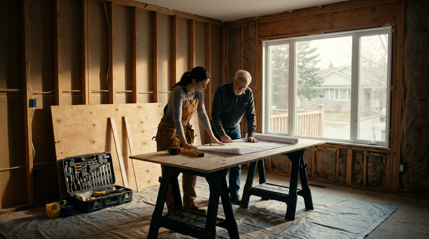 Contractor and senior homeowner reviewing renovation blueprints in a sunlit room under construction.