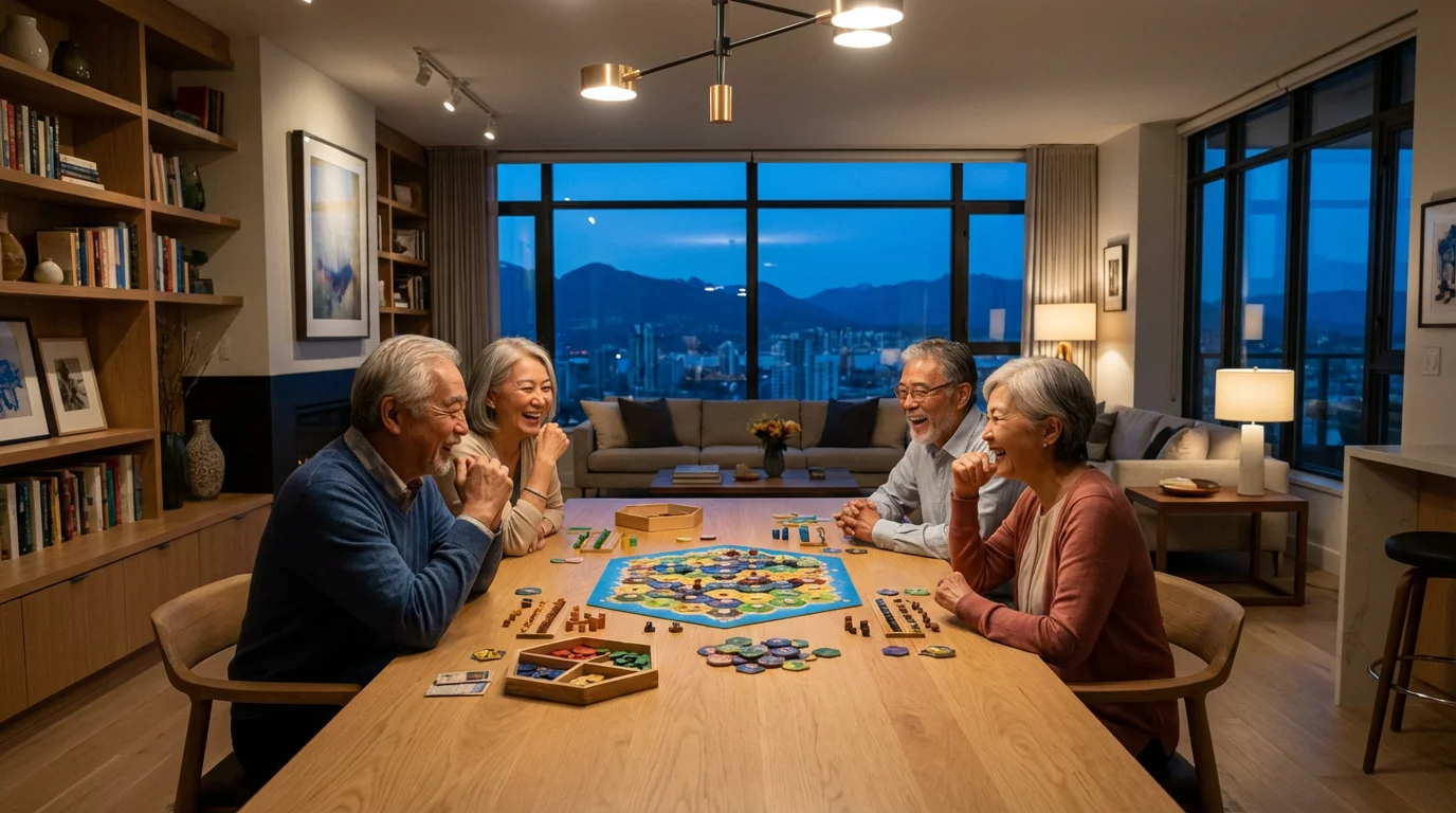 Diverse group of seniors playing a strategy board game in a modern home.