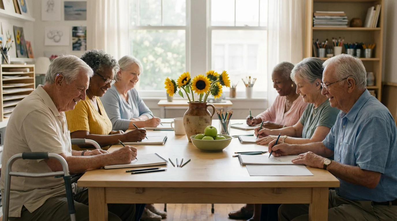 Diverse group of seniors sketching sunflowers together in a bright, sunlit community art class.