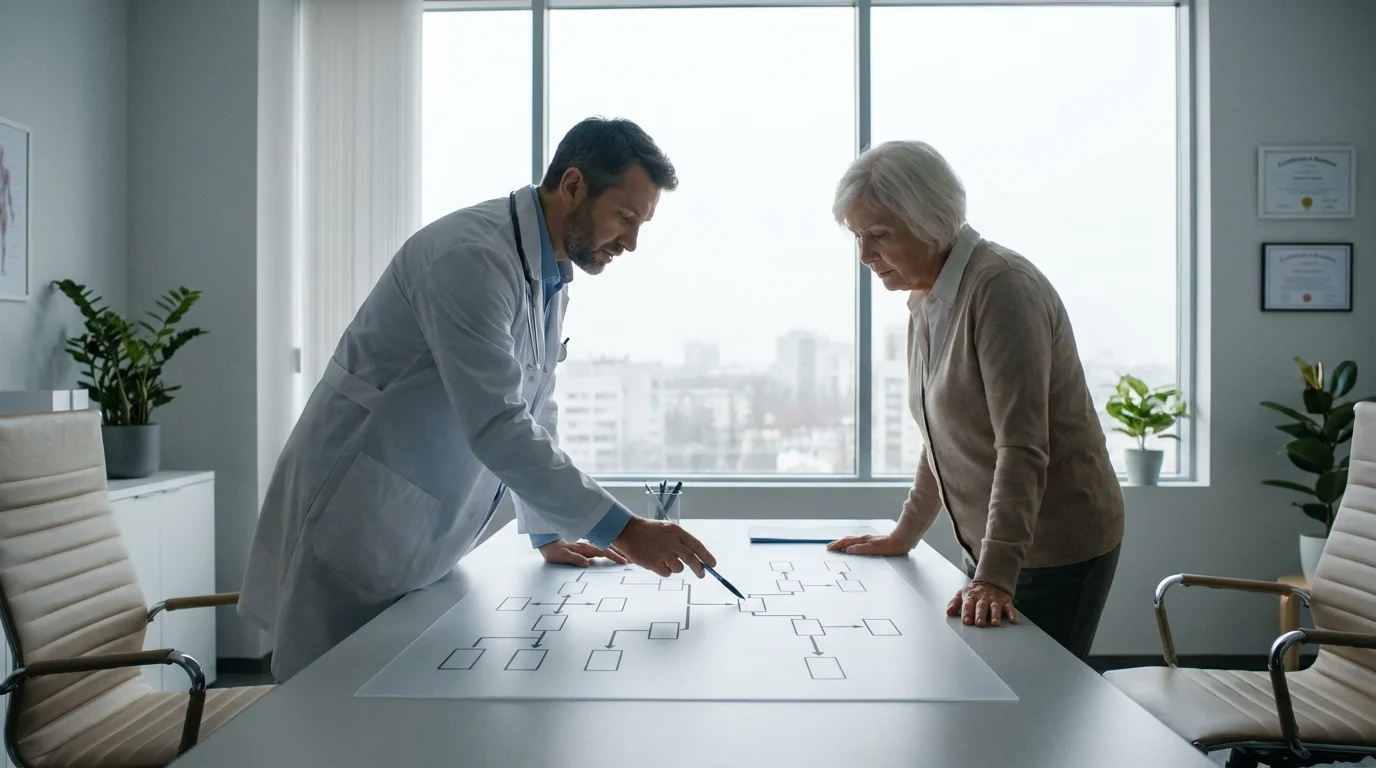 Doctor and senior patient review a complex, blank flowchart in a modern office setting.