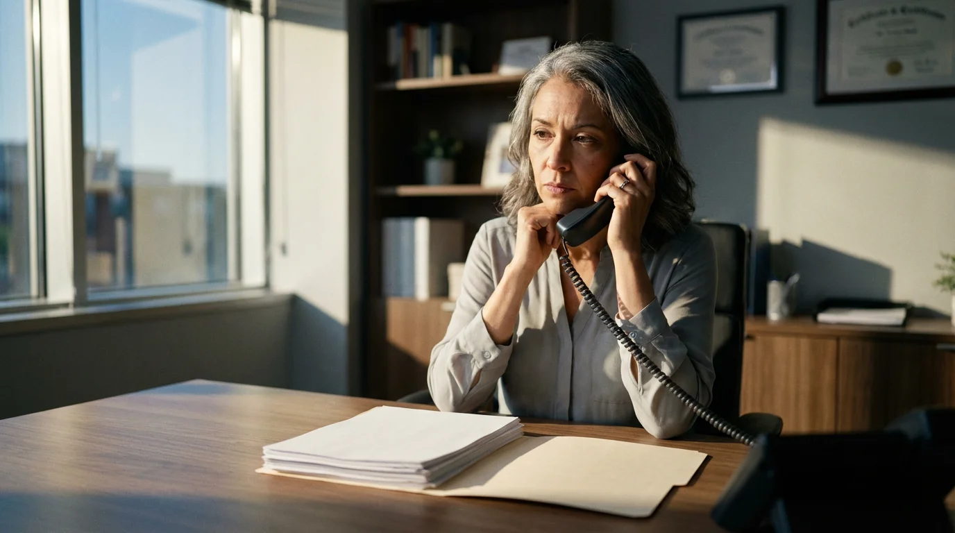 Doctor in her office on the phone, working on a patient's case file.