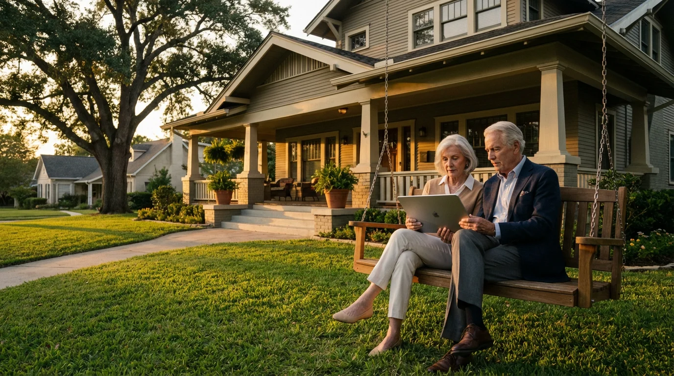Elderly couple on their home's front porch at sunset reviewing finances on a tablet.